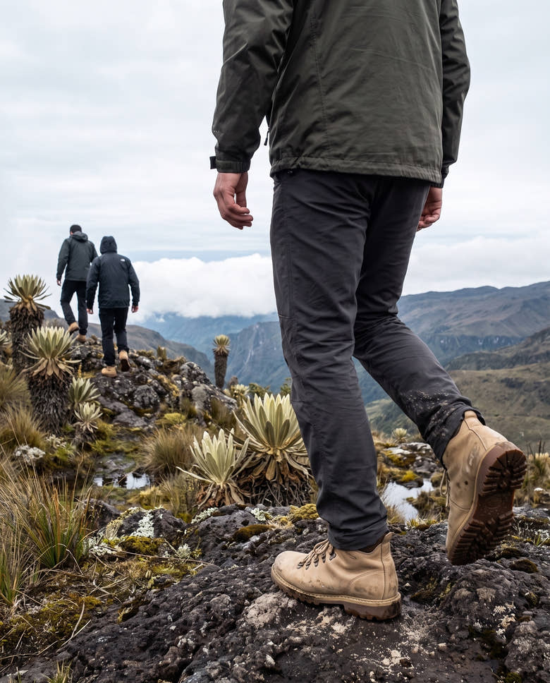 Tres caminantes en el páramo andino; en primer plano, botas Audor sobre la roca mojada